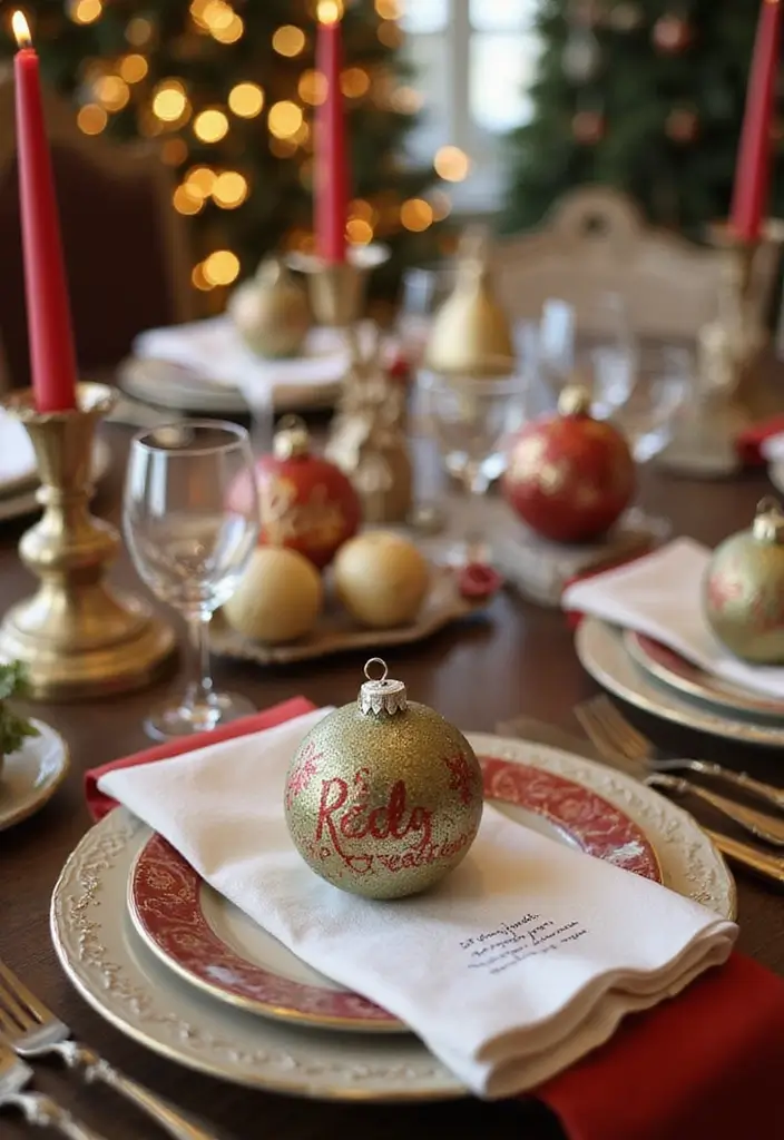 30+ DIY Christmas Table Decorations Guests Will Love - 23. Personalized Ornaments as Place Holders