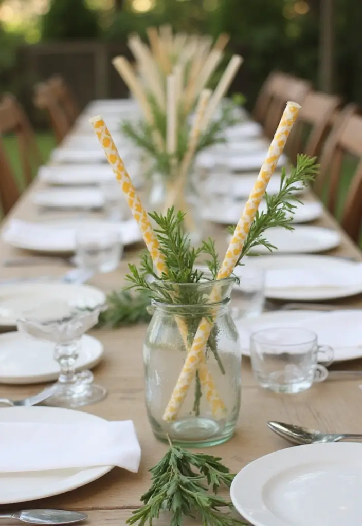 30+ DIY Christmas Table Decorations Guests Will Love - 24. Twisted Paper Straws and Greenery
