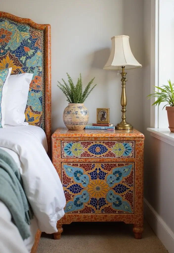 30+ DIY Nightstand Projects You’ll Want in Your Bedroom 18 30+ DIY Nightstand Projects You’ll Want in Your Bedroom - 18. Colorful Mosaic Tile Nightstand