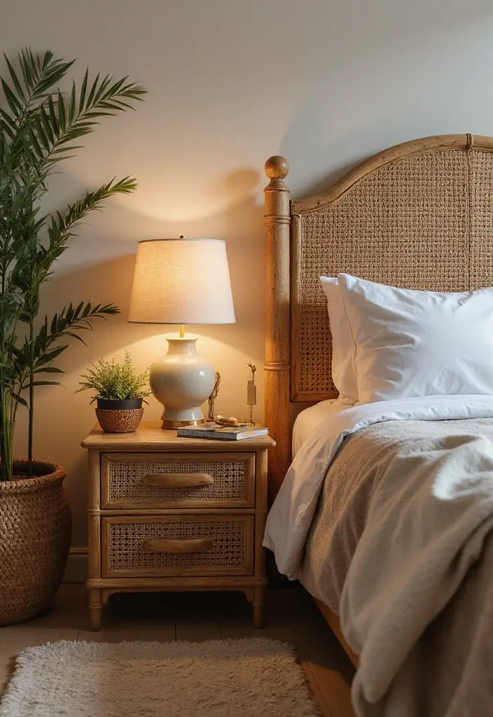 30+ DIY Nightstand Projects You’ll Want in Your Bedroom 19 30+ DIY Nightstand Projects You’ll Want in Your Bedroom - 19. Nightstand with Rattan Elements