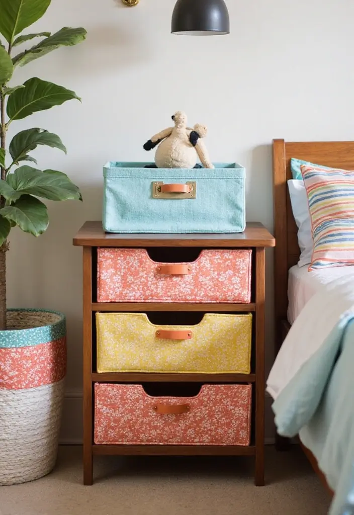 30+ DIY Nightstand Projects You’ll Want in Your Bedroom 29 30+ DIY Nightstand Projects You’ll Want in Your Bedroom - 29. Nightstand with Fabric Storage Bins