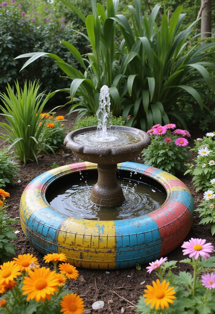30+ Fountain DIY Projects That Add Zen to Your Garden - 12. Upcycled Tire Fountain