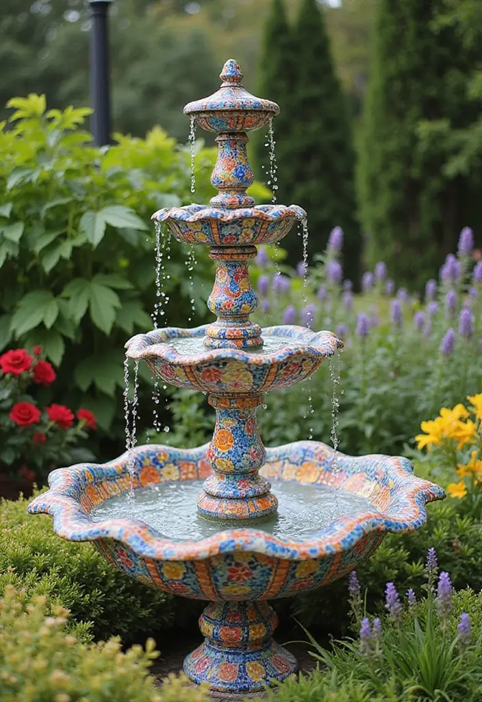 30+ Fountain DIY Projects That Add Zen to Your Garden - 23. Colorful Mosaic Fountain