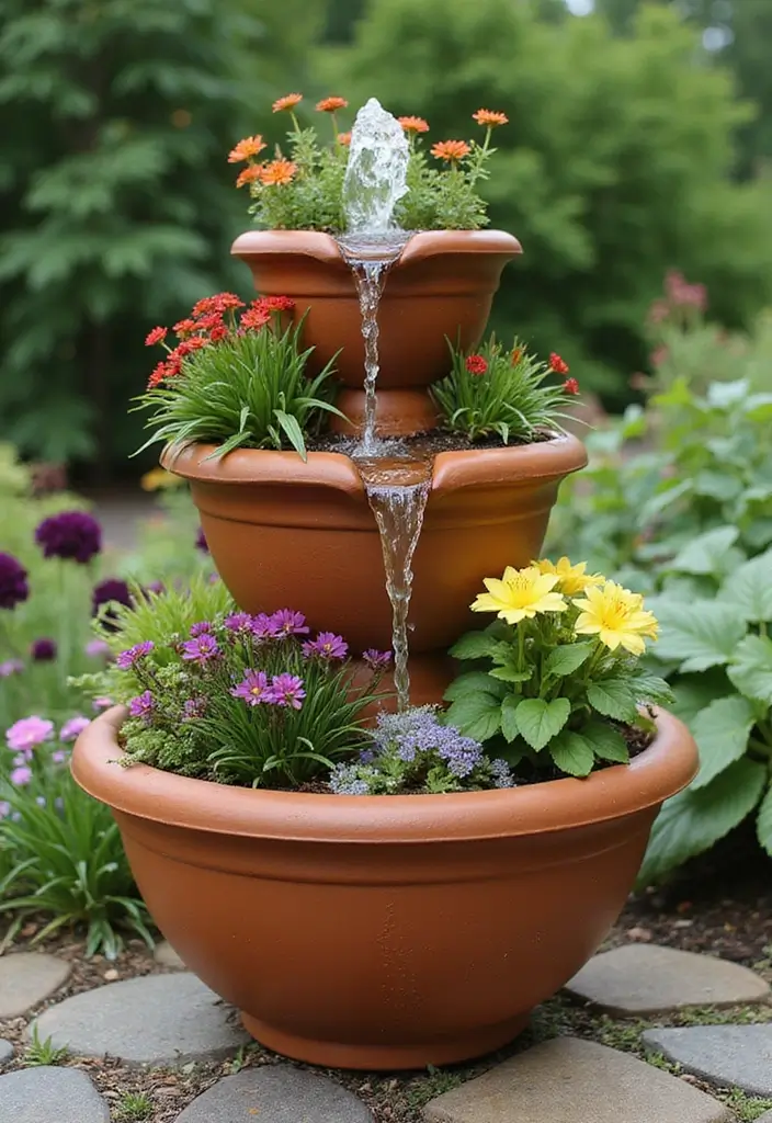 30+ Fountain DIY Projects That Add Zen to Your Garden - 6. Tiered Flower Pot Fountain