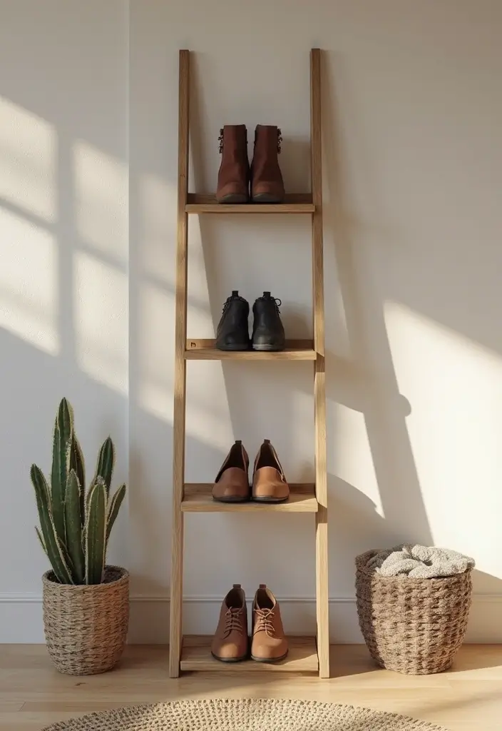 30+ Smart Shoe Shelf DIY Projects That Save Space 14 30+ Smart Shoe Shelf DIY Projects That Save Space - 14. Shoe Ladder Display