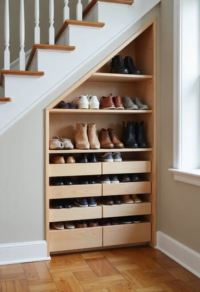 30+ Smart Shoe Shelf DIY Projects That Save Space 19 30+ Smart Shoe Shelf DIY Projects That Save Space - 19. Under-Stair Shoe Storage