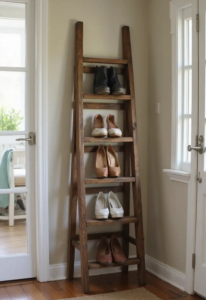 30+ Smart Shoe Shelf DIY Projects That Save Space 8 30+ Smart Shoe Shelf DIY Projects That Save Space - 8. Repurposed Ladder Shoe Rack