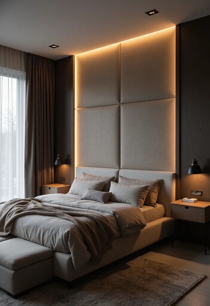 12 Back Wall Bedroom Ideas for Texture, Color, and Visual Impact - 10. Lighted Panels for Modern Ambiance