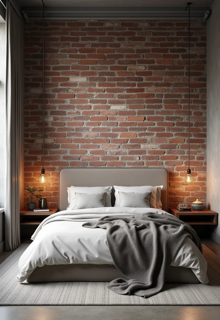 12 Back Wall Bedroom Ideas for Texture, Color, and Visual Impact - 5. Masonry and Stone for a Contemporary Edge