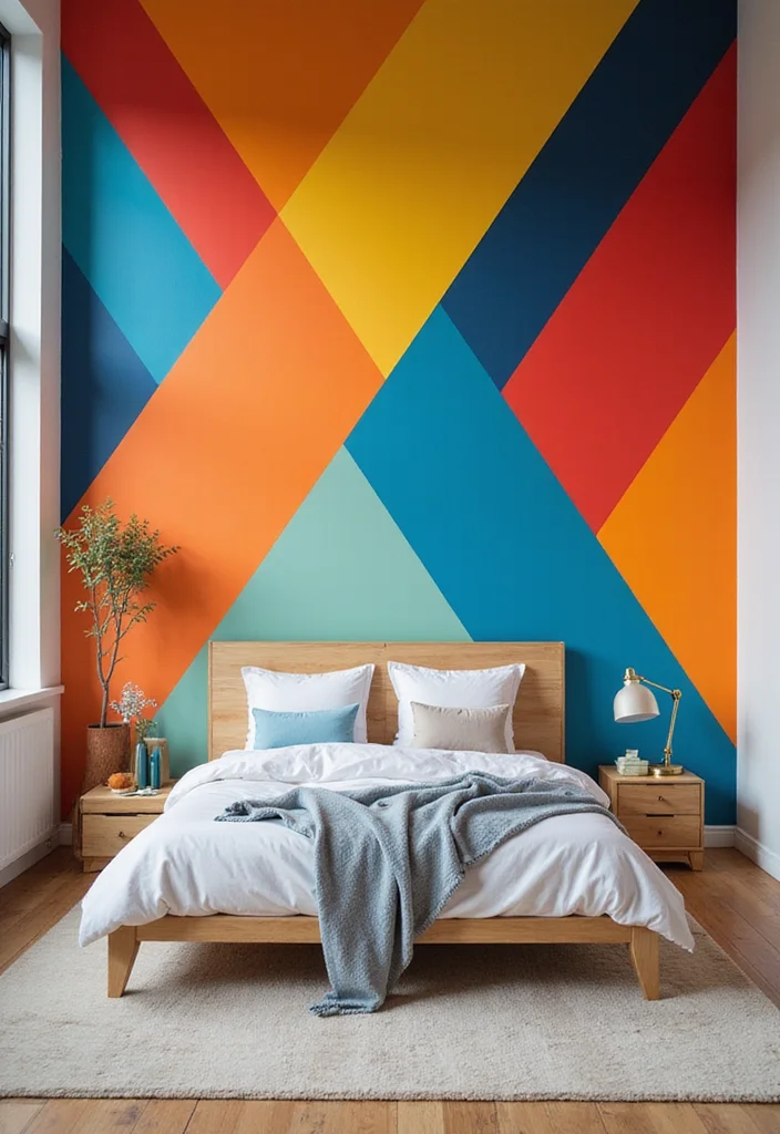 12 Back Wall Bedroom Ideas for Texture, Color, and Visual Impact - 6. Painted Geometric Designs for Visual Impact