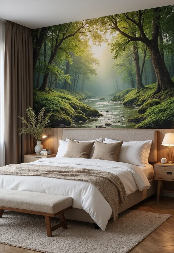 12 Back Wall Bedroom Ideas for Texture, Color, and Visual Impact - 9. Nature-Inspired Murals for Serenity