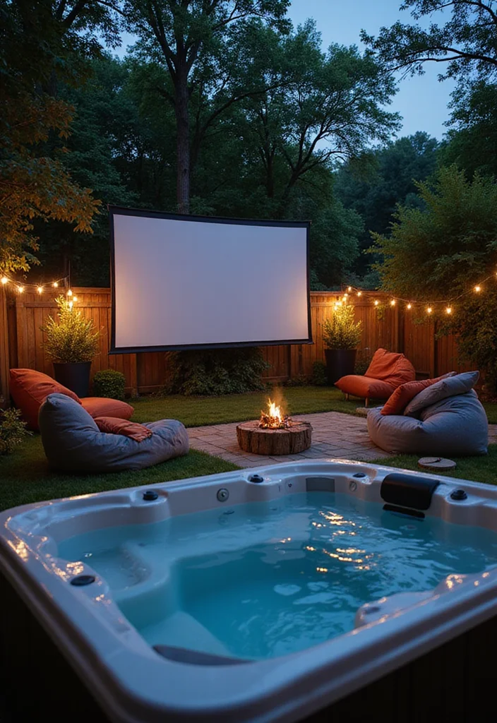 12 Backyard Ideas Hot Tub for Cozy Relaxing Retreats - 11. Outdoor Movie Hot Tub Setup