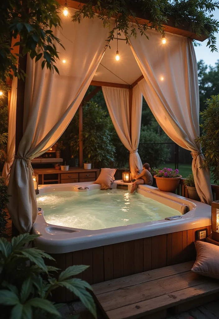 12 Backyard Ideas Hot Tub for Cozy Relaxing Retreats - 7. Cozy Canopy with Draped Fabrics