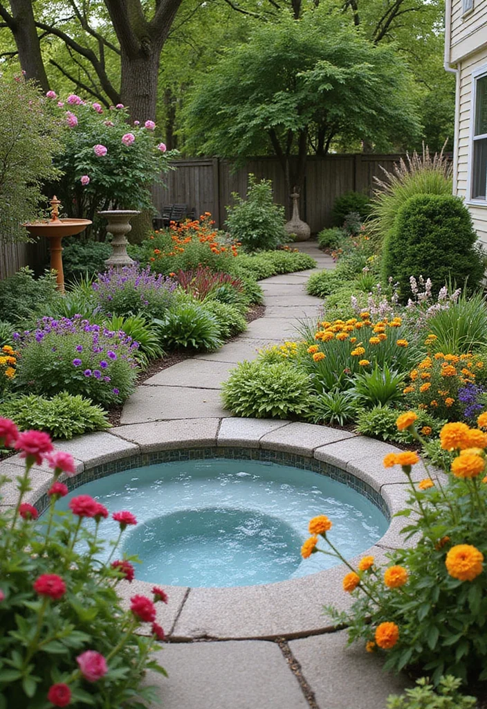 12 Backyard Ideas Hot Tub for Cozy Relaxing Retreats - 9. Colorful Flower Garden Hot Tub Retreat