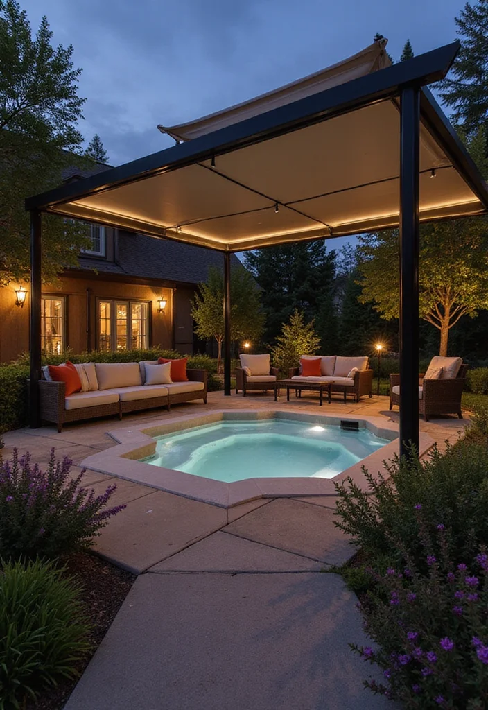 12 Backyard Ideas With Hot Tub for Warm Spacious Outdoor Comfort - 4. Luxurious Canopy Retreat