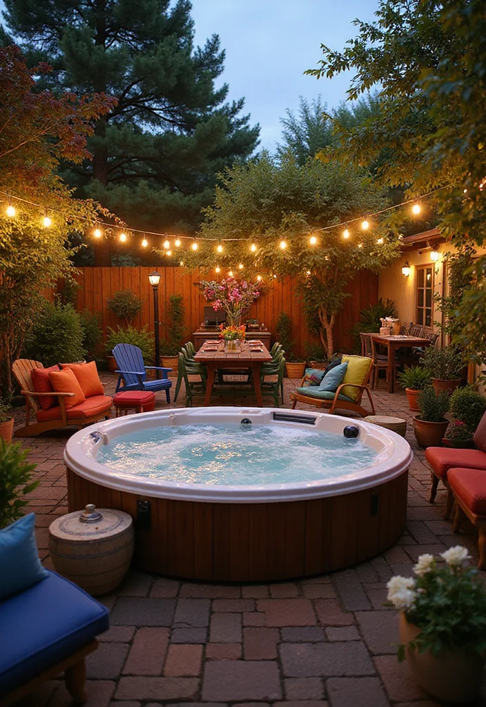 12 Backyard Ideas With Hot Tub for Warm Spacious Outdoor Comfort - 7. Garden Party Vibes