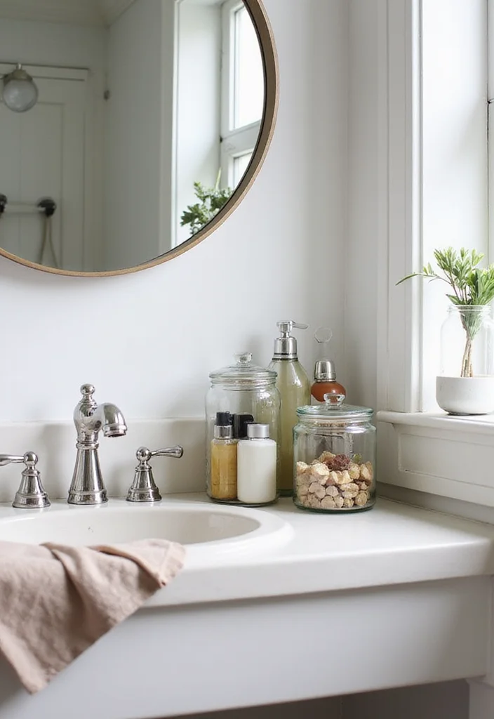 12 Bathroom Counter Ideas for Clean Organized Stylish Surfaces - 2. Upcycled Glass Accents
