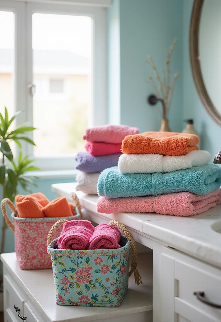 12 Bathroom Counter Ideas for Clean Organized Stylish Surfaces - 8. Colorful Countertop Textiles