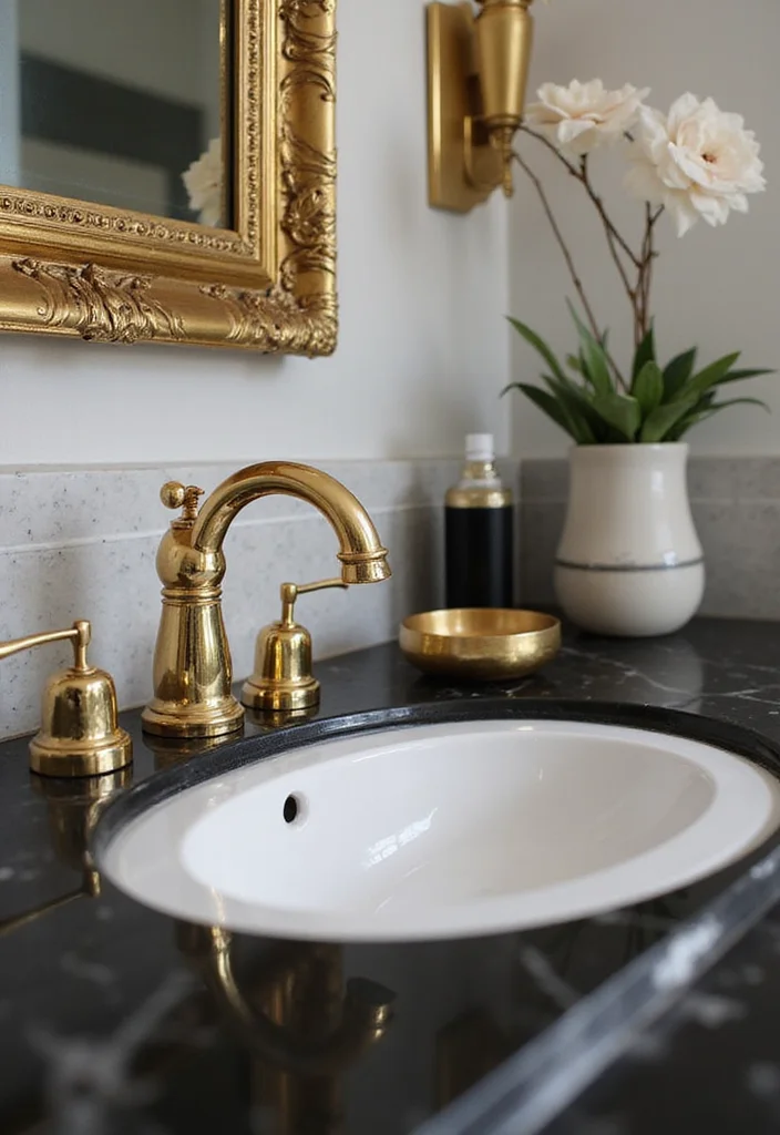 12 Black White and Gold Bathroom Ideas for Bold Glam Sophistication - 1. Golden Accents