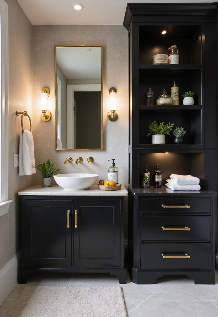 12 Black White and Gold Bathroom Ideas for Bold Glam Sophistication - 11. Elevated Storage Solutions