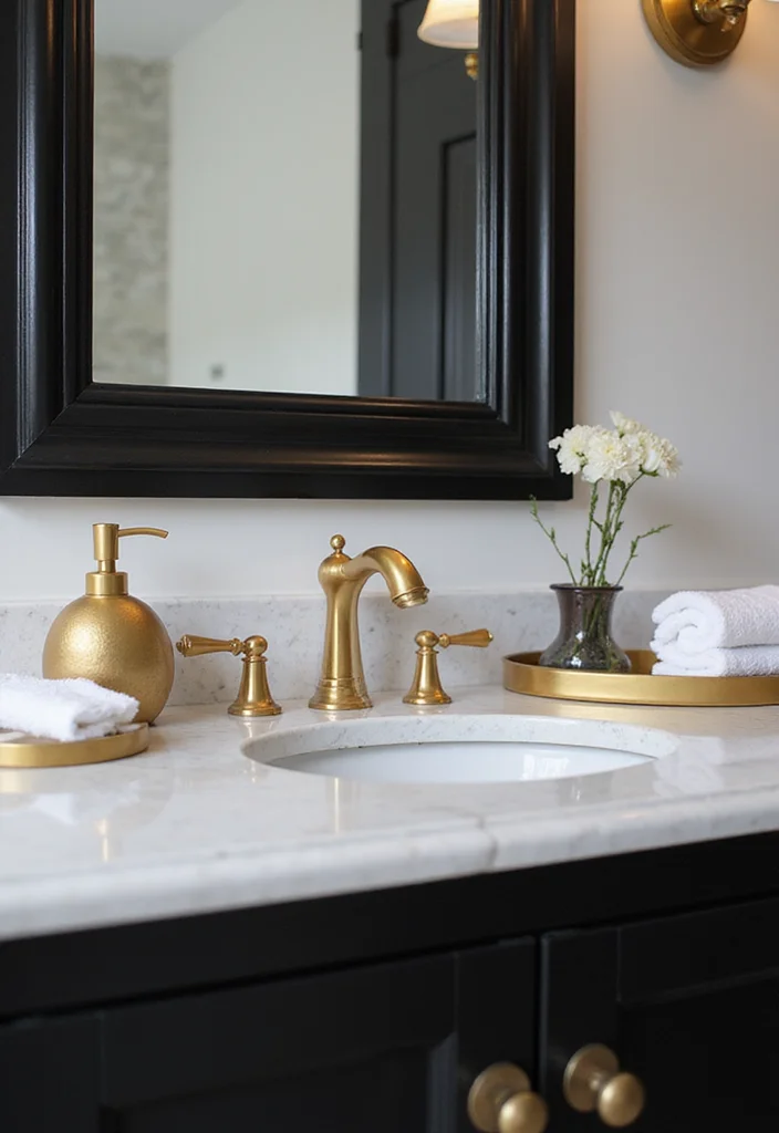 12 Black White and Gold Bathroom Ideas for Bold Glam Sophistication - 6. Chic Bath Accessories