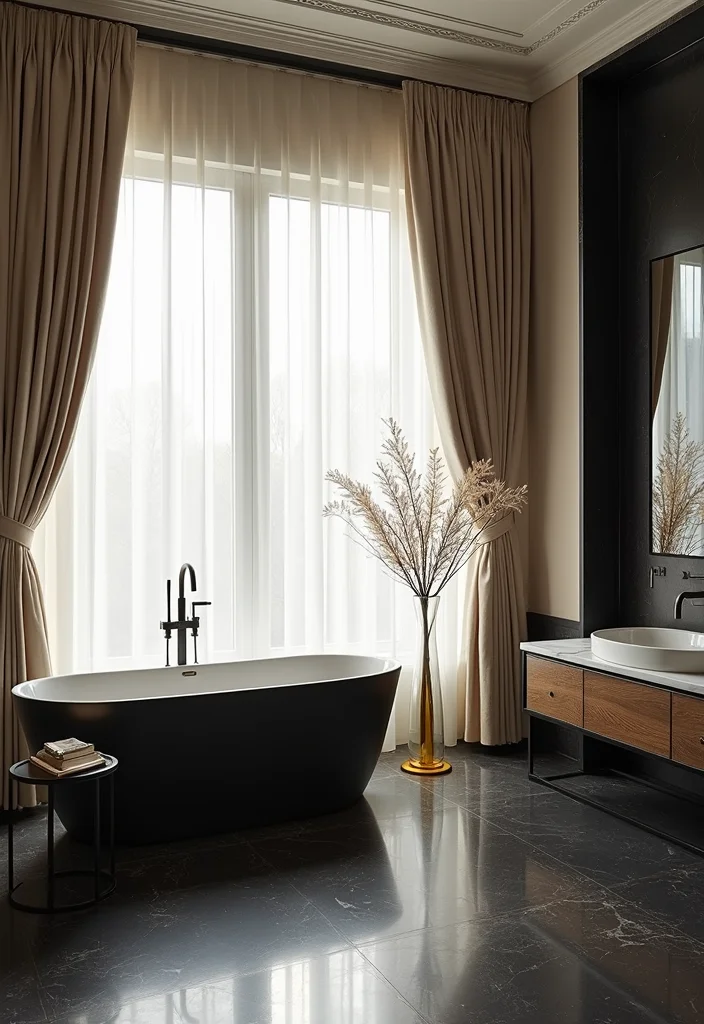 12 Black White and Gold Bathroom Ideas for Bold Glam Sophistication - 8. Classy Window Treatments