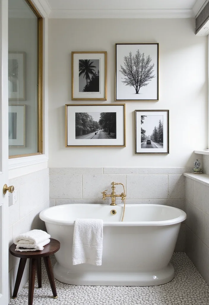 12 Black White and Gold Bathroom Ideas for Bold Glam Sophistication - 9. Black and White Artwork
