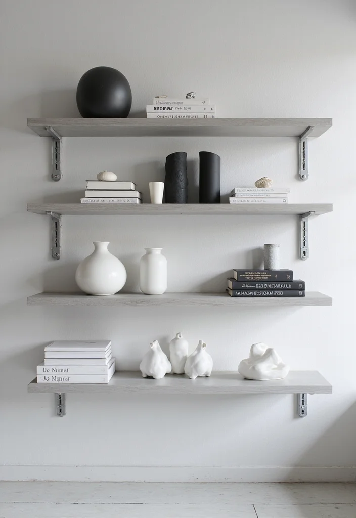 12 Built In Shelves Decor Ideas Living Room for Clean Stylish Storage - 1. Minimalist Monochrome Displays