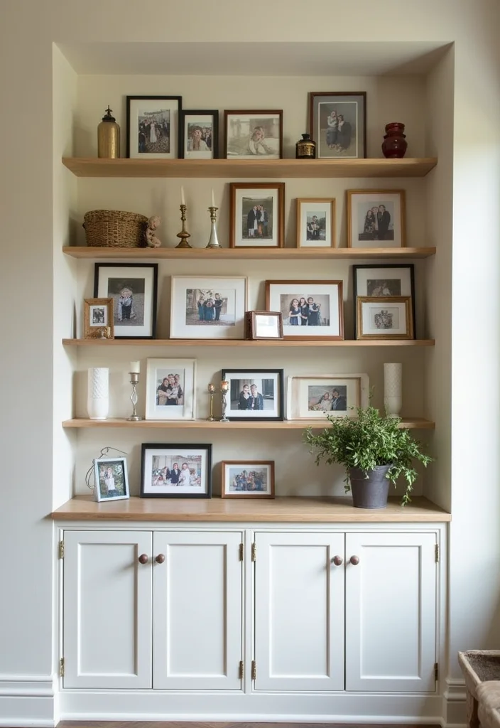 12 Built In Shelves Decor Ideas Living Room for Clean Stylish Storage - 4. Personalized Picture Gallery