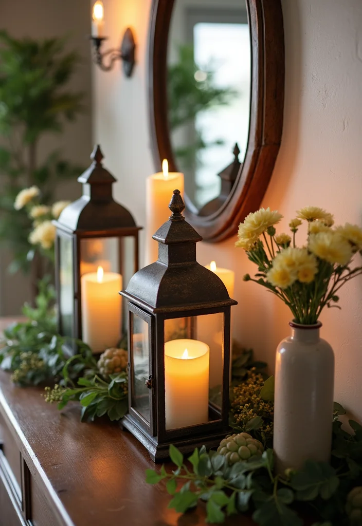 12 Candle Lanterns Decor Ideas Living Room for Warm Cozy Glow - 1. Console Table Lanterns