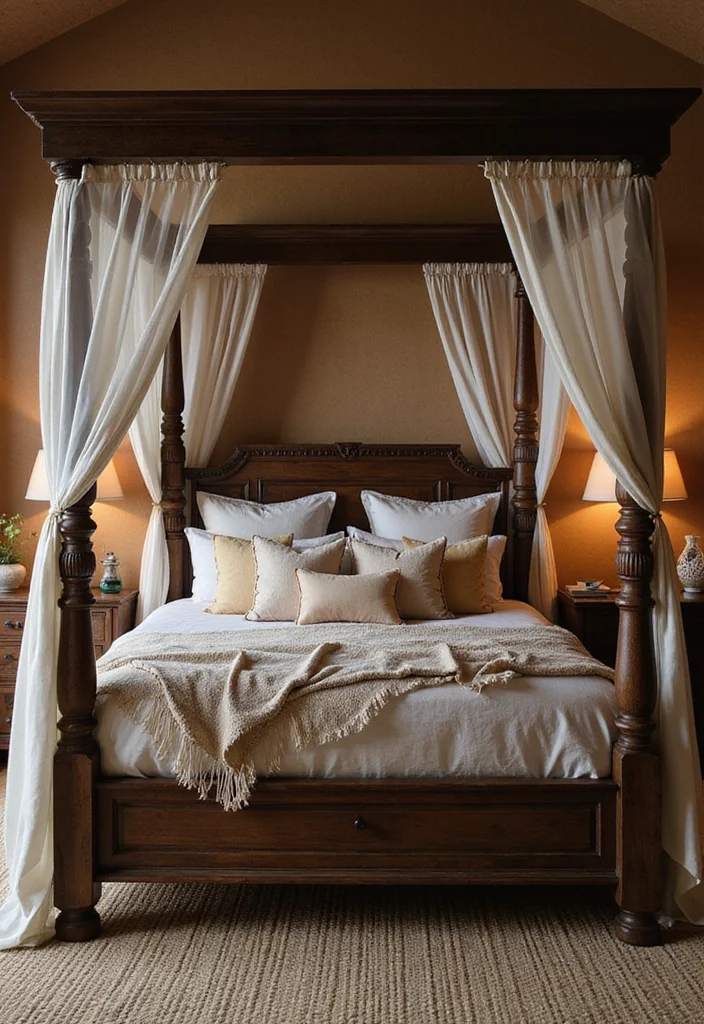 12 Dark Wood Bedroom Furniture Decor Ideas for Rich Cozy Style - 1. Statement Dark Wood Canopy Bed