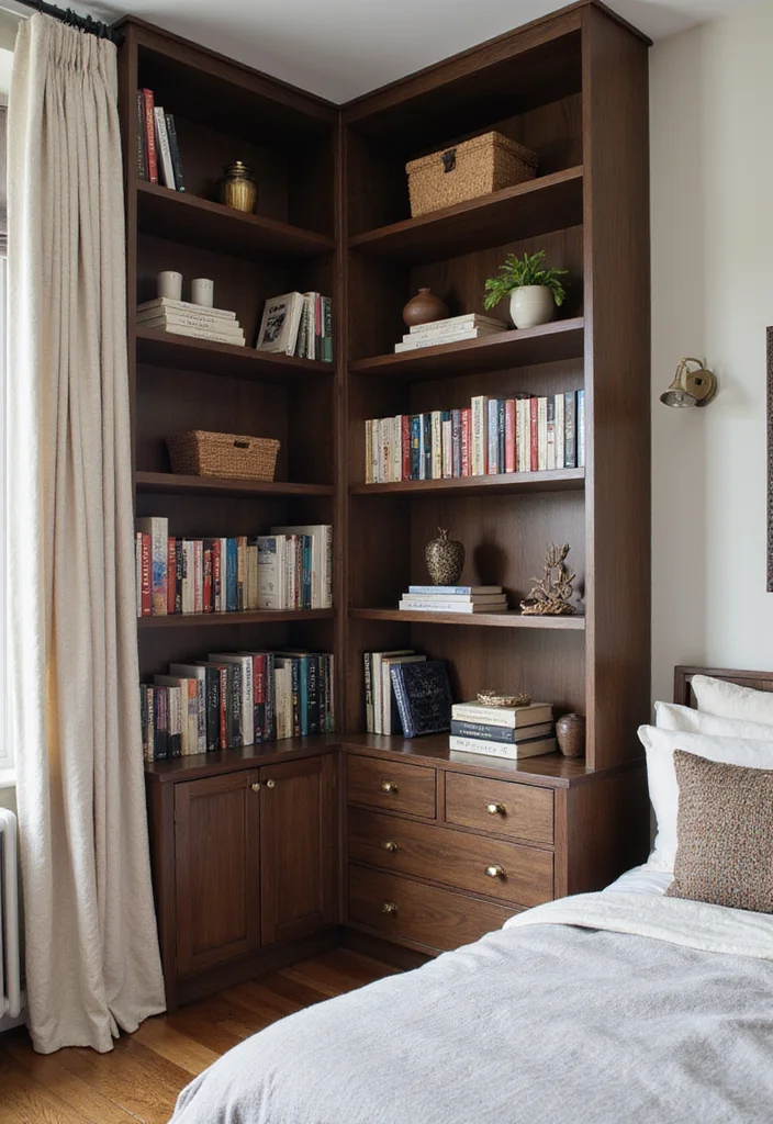 12 Dark Wood Bedroom Furniture Decor Ideas for Rich Cozy Style - 7. Dark Wood Shelving Units