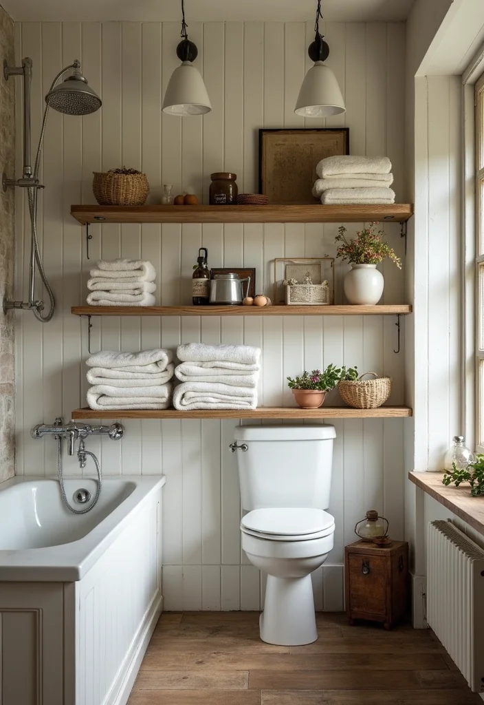 12 French Country Bathroom Ideas for Soft Rustic Romantic Charm - 7. Open Shelving for Organization