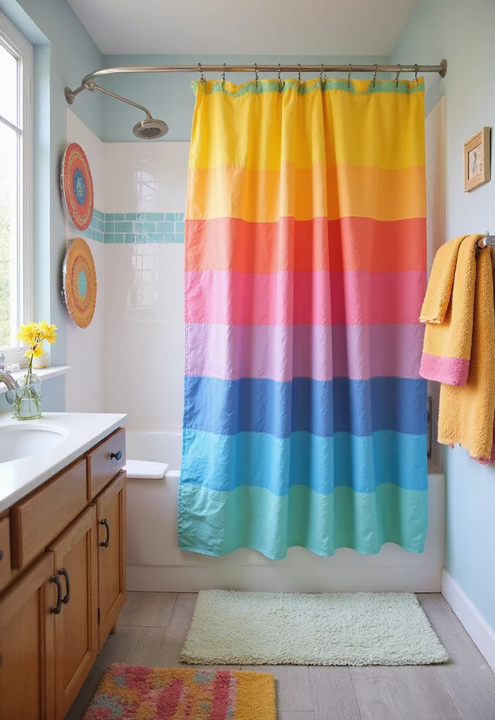 12 Funky Bathroom Ideas for Playful Colorful Creative Style - 1. Rainbow Shower Curtain