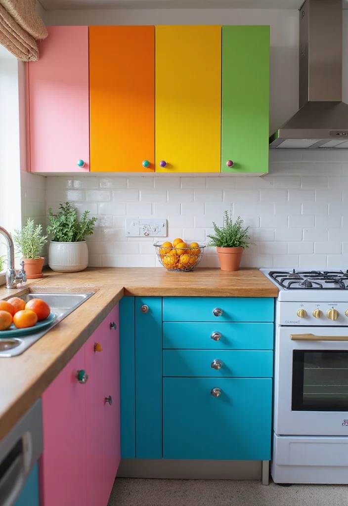 12 Funky Kitchen Ideas for Colorful Playful Creative Vibes - 1. Rainbow-Colored Cabinets