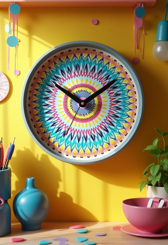 12 Kitchen Clocks Wall Ideas for Functional Decorative Style - 12. Quartz Clock with Colorful Patterns