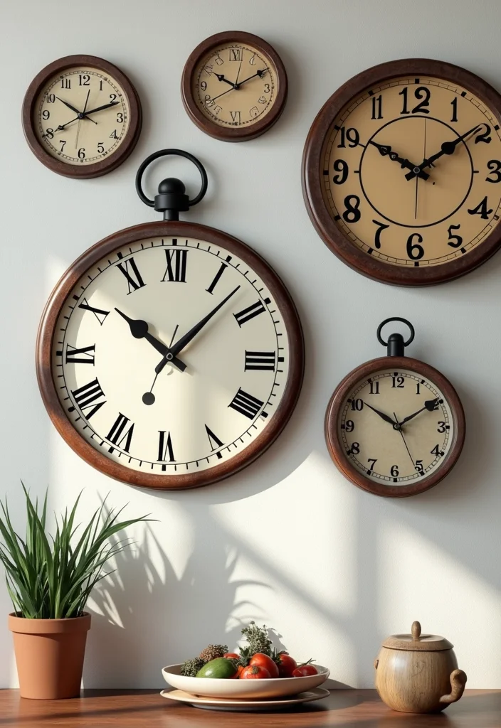 12 Kitchen Clocks Wall Ideas for Functional Decorative Style - 6. Multicolored Clock Collage