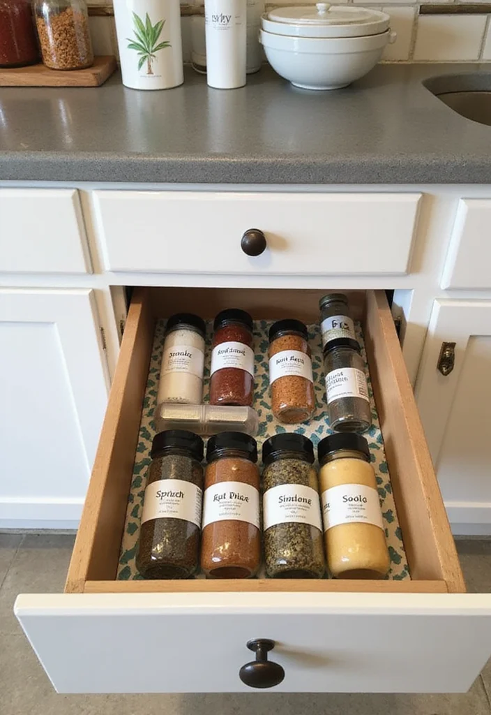12 Kitchen Spice Rack Ideas for Organized Accessible Cooking - 6. Drawer Liners with Spice Labels