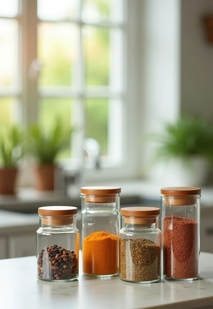 12 Kitchen Spice Rack Ideas for Organized Accessible Cooking - 7. Glass Canisters with Wooden Lids
