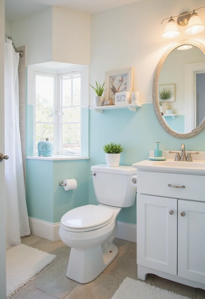 12 Lake House Bathroom Ideas for Breezy Relaxed Coastal Living - 3. Beachy Pastels: Soft Tones for a Calm Atmosphere