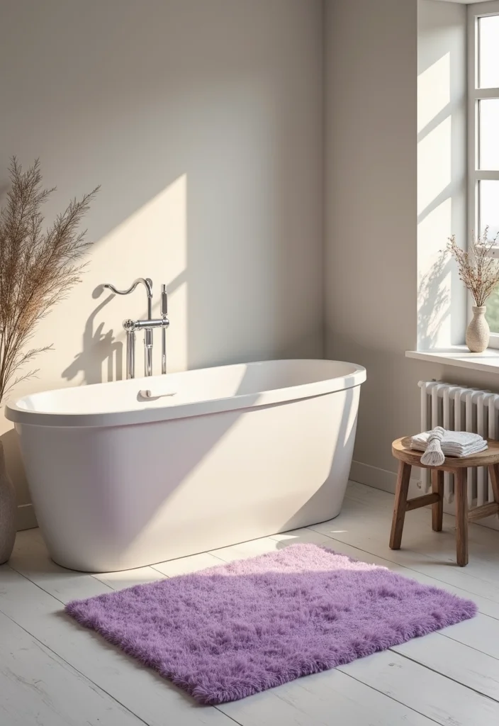 12 Lavender Bathroom Ideas for Soft Calm Pretty Ambience - 3. Elegant Bath Mats