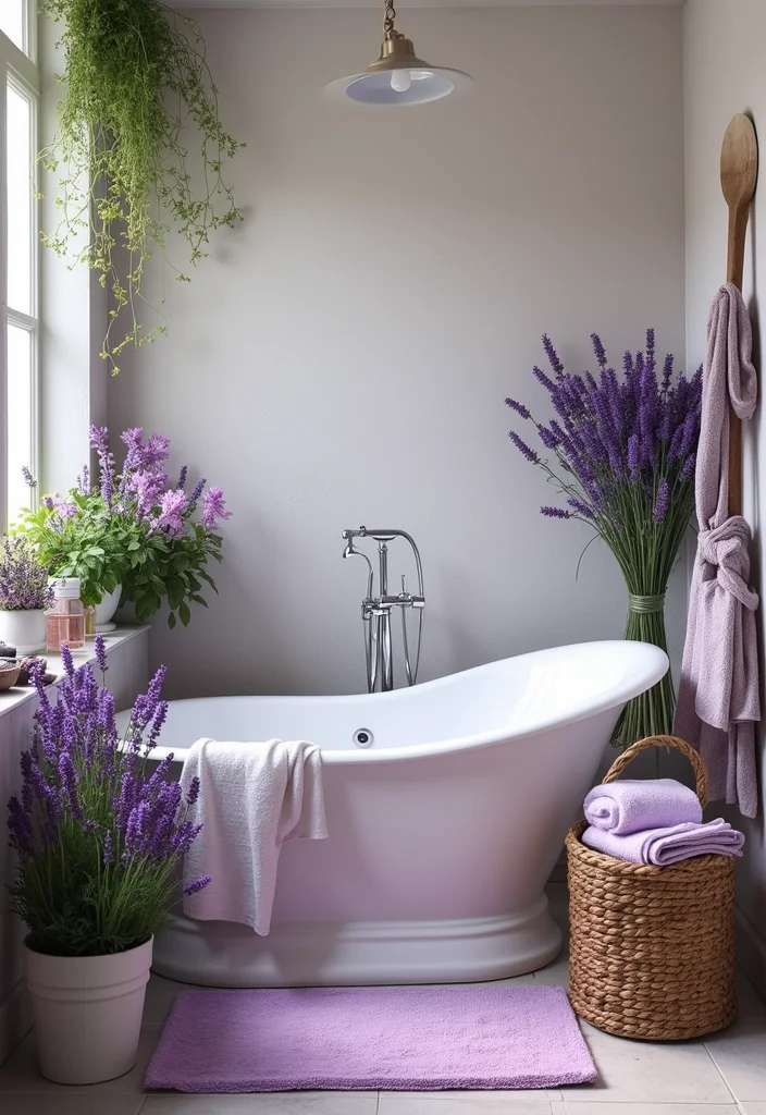 12 Lavender Bathroom Ideas for Soft Calm Pretty Ambience - 5. Floral Elements