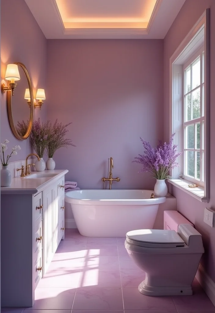 12 Lavender Bathroom Ideas for Soft Calm Pretty Ambience - 6. Calming Lighting
