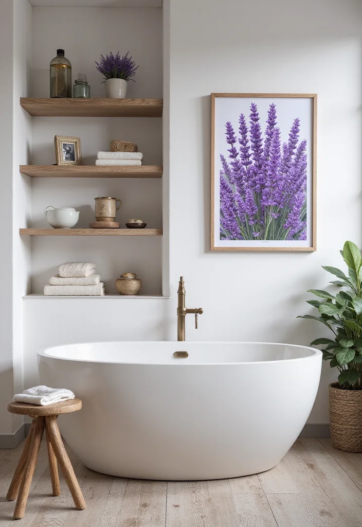 12 Lavender Bathroom Ideas for Soft Calm Pretty Ambience - 7. Lavender-Inspired Artwork