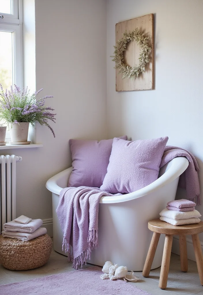 12 Lavender Bathroom Ideas for Soft Calm Pretty Ambience - 9. Soft Textiles
