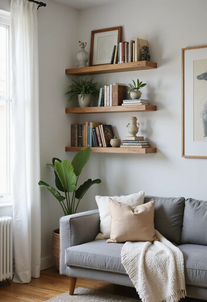 12 Living Room Sitting Area Ideas for Cozy Functional Corners - 6. Floating Shelves Above Seating