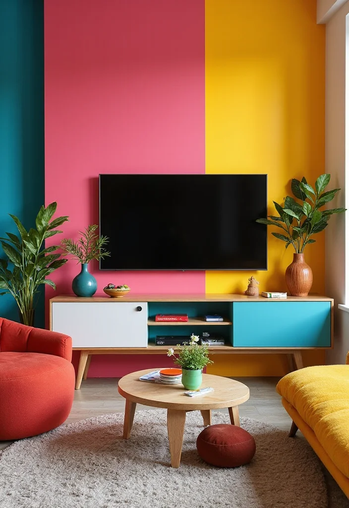 12 Living Room Wall Decor Ideas Around TV for Clean Stylish Framing - 11. Colorful Accent Wall