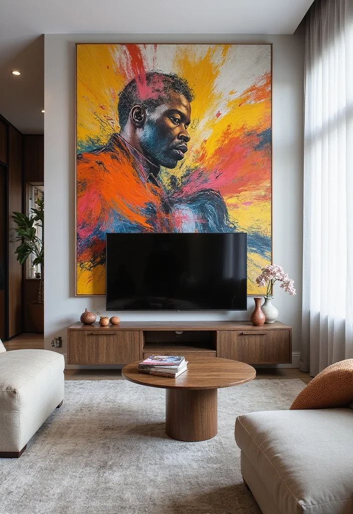 12 Living Room Wall Decor Ideas Around TV for Clean Stylish Framing - 4. Statement Art Above the TV