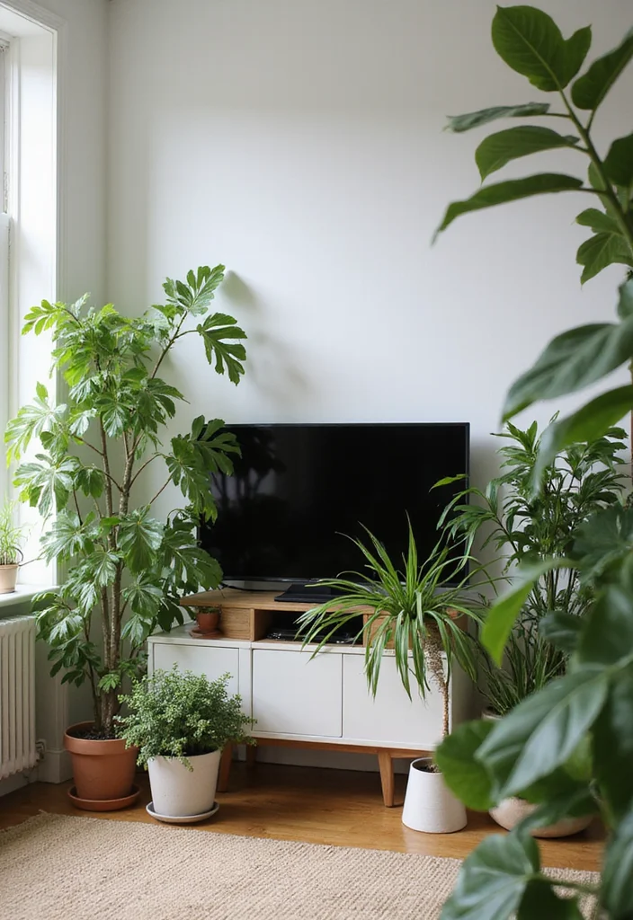 12 Living Room Wall Decor Ideas Around TV for Clean Stylish Framing - 7. Greenery and Natural Elements