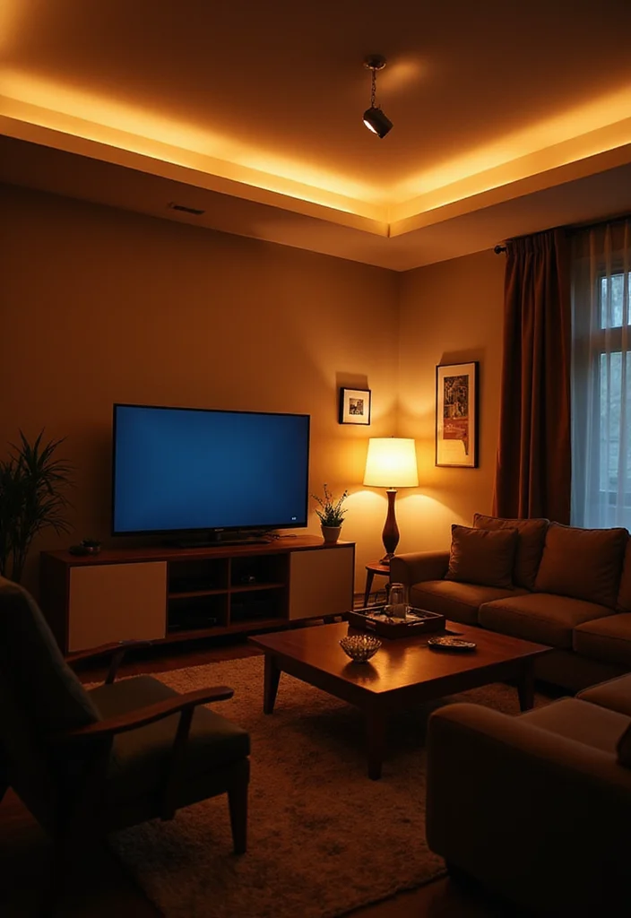 12 Living Room Wall Decor Ideas Around TV for Clean Stylish Framing - 8. Layered Lighting